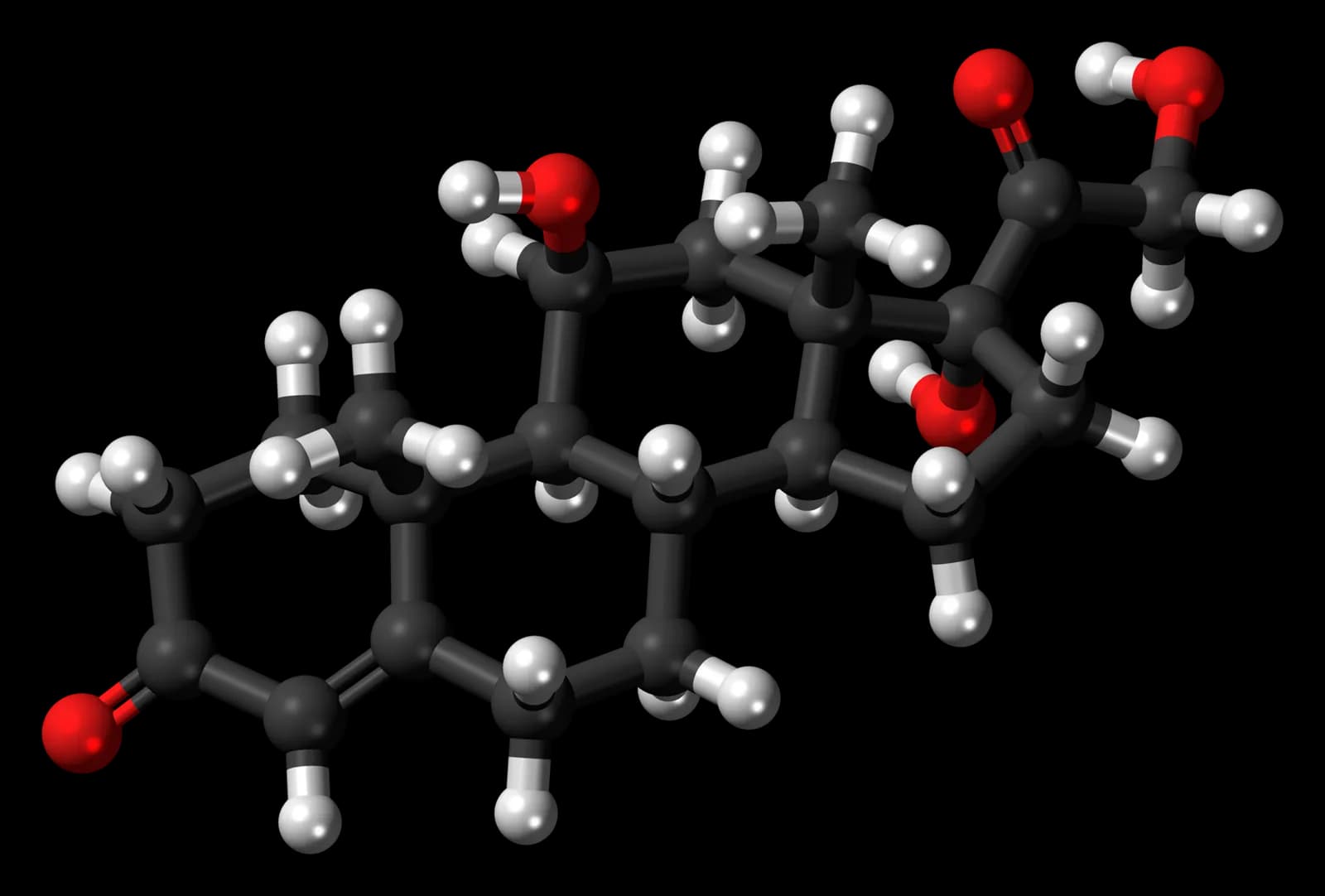3D ball-and-stick model of the cortisol stress hormone molecule